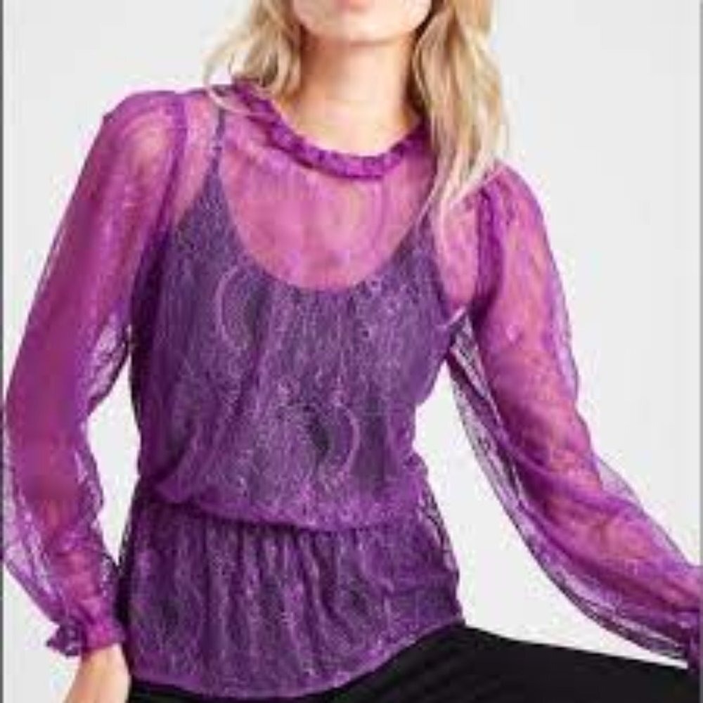 Banana Republic Purple Lace Paisley Puff Sleeve Peplum Blouse Ruffle Neck